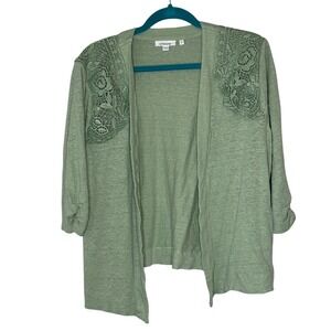 Chicos Green Lace Cardigan Sweater US‎ Large Open Front 3/4 Sleeve Linen Blend